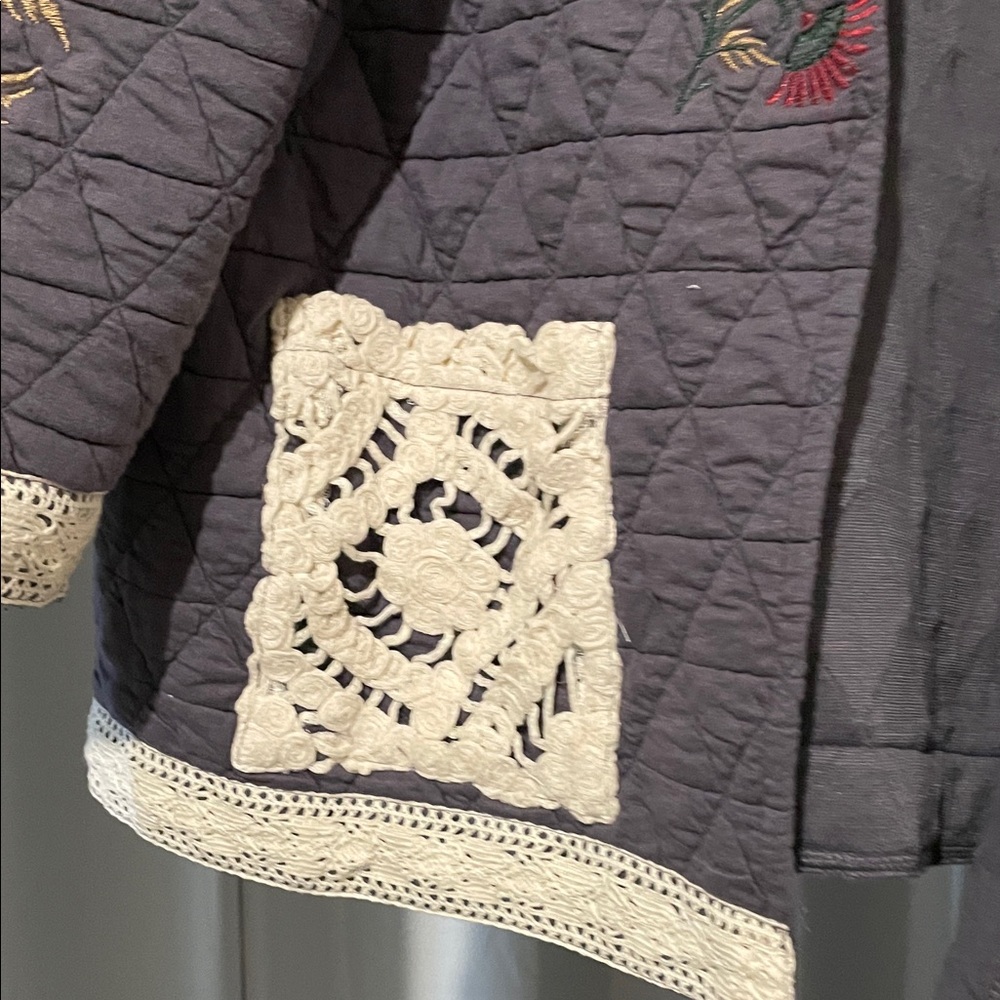 POL Quilted Jacket with Embroidered Floral Design - Gray and Cream - Picture 2 of 15